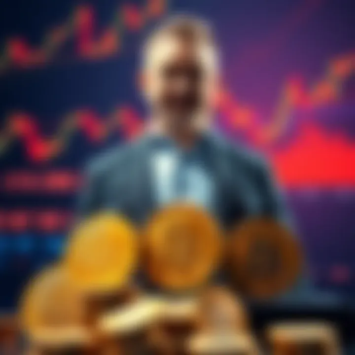 Michael Saylor Buys Bitcoin Michael Saylor stands with Bitcoin coins and graphs showing market trends after his recent purchase of 1,587 BTC following a sale of 32 BTC.