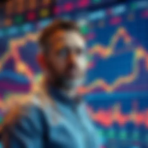 Michael Saylor with market charts Michael Saylor standing next to fluctuating market charts showing losses and concerns among investors