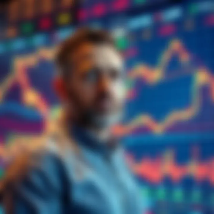 Michael Saylor with market charts Michael Saylor standing next to fluctuating market charts showing losses and concerns among investors