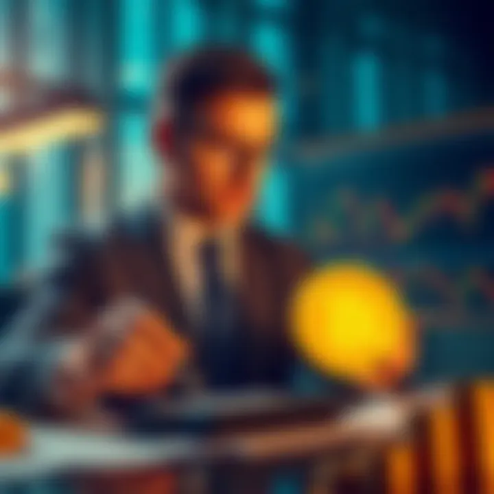 A businessman analyzing Bitcoin market trends and debts with a calculator and charts in front of him.