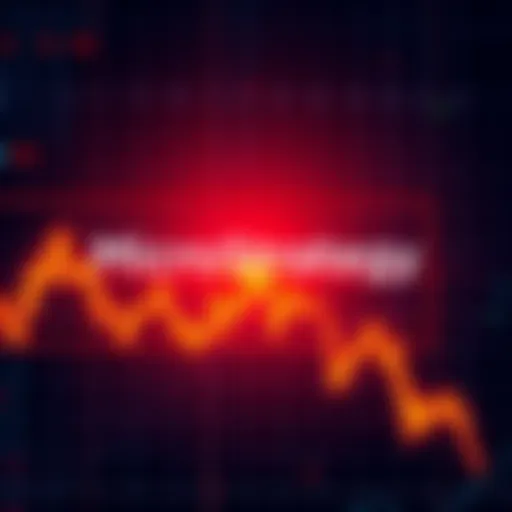 A graphic showing the MicroStrategy logo alongside a downward trending stock market graph, representing the company's significant unrealized losses in crypto investments under Michael Saylor's leadership.