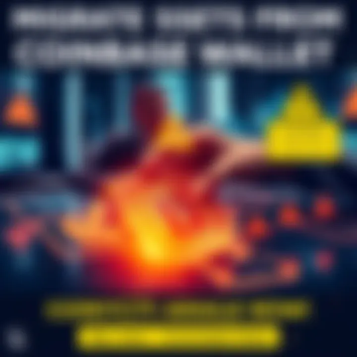 A graphic showing a person transferring digital assets from Coinbase to Coinbase Wallet, with warning signs for asset migration, emphasizing deadlines and security.