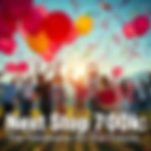 People celebrating reaching a milestone with balloons and confetti in an outdoor setting