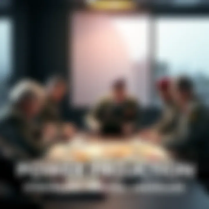 A group of military leaders discussing strategy around a table with maps and documents