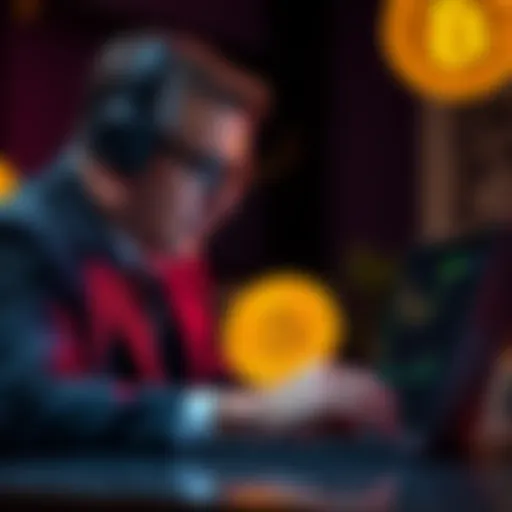 A wealthy individual looking at a Bitcoin chart on a laptop, deep in thought about investing.