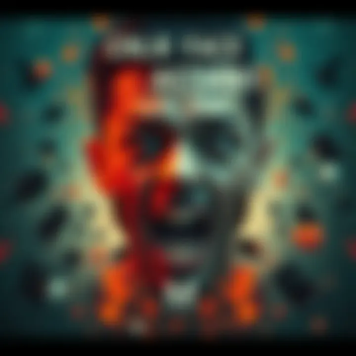 A person displaying extreme facial expressions representing intense emotions, surrounded by abstract designs reflecting chaos and motivation, hinting at psychological factors.