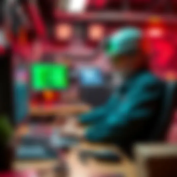 A miner from Pi 9 Green is seeking a team for the mainnet launch, showcasing mining equipment and a computer setup in a collaborative environment.