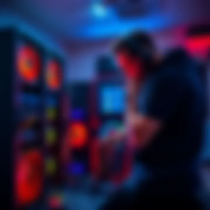 A person restarting a cryptocurrency mining rig with multiple graphics cards in a well-lit room.