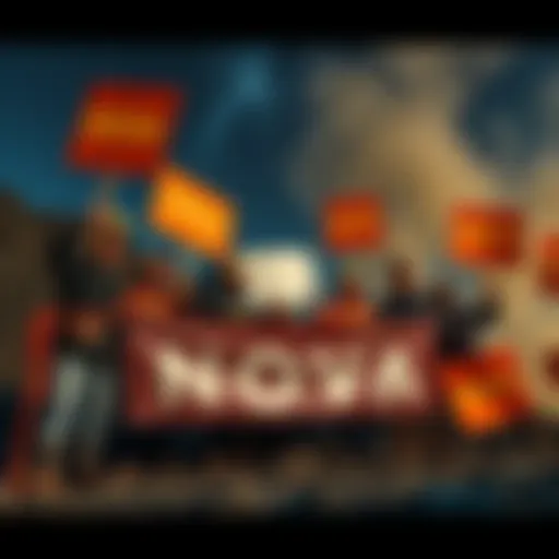 Miners protesting against NOVA A group of miners holding signs and banners to protest against NOVA's business practices, gathered at a mining site, showing unity and determination.