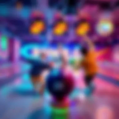 Colorful bowling alley scene with players celebrating their scores of twenty points in a fun atmosphere