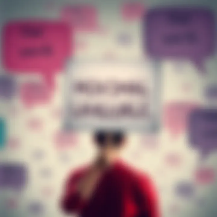 A person holding a sign with few words, symbolizing clear and concise communication, surrounded by speech bubbles with cluttered text.