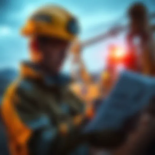 A miner reviewing charts and data related to mining profits, with equipment in the background