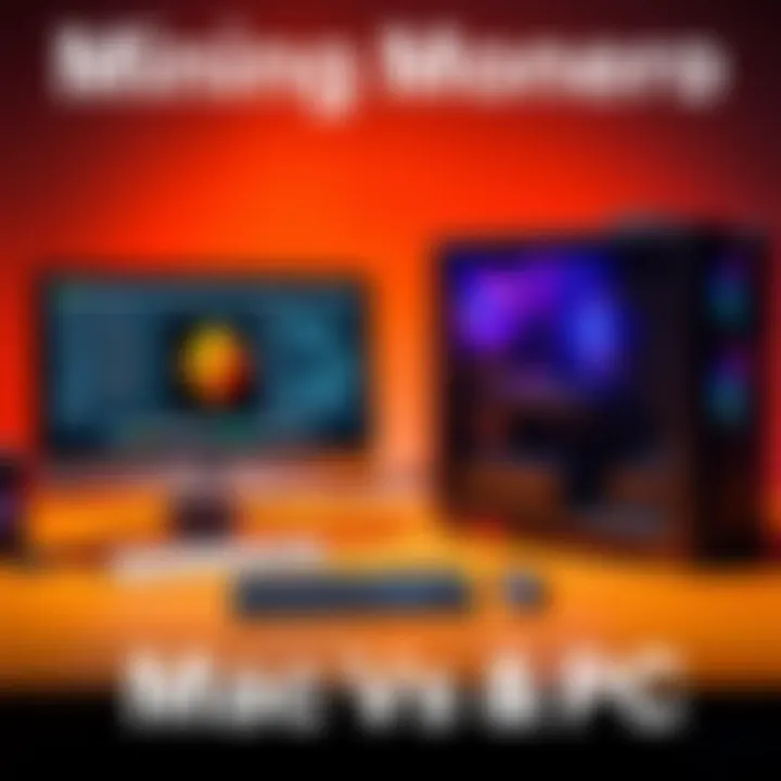 Mining Monero on a Mac and PC A comparison of a Mac Mini and a budget PC setup for mining Monero, with visible hardware and software interfaces, showcasing their effectiveness in cryptocurrency mining.