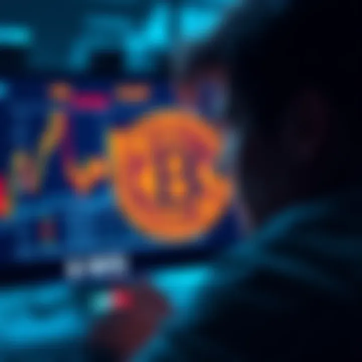 A person looking at a computer screen displaying mining data, with digital coins in the background.