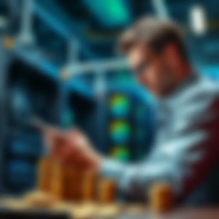 A person examining cryptocurrency mining equipment, with stacks of coins in the background, representing retirement profits.