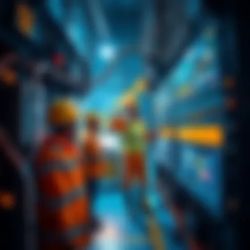 Workers examining advanced mining equipment with digital displays in a modern mining site.