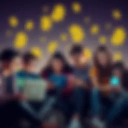 A group of young people discussing cryptocurrency with laptops and smartphones, surrounded by digital currency symbols.