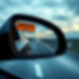 A side view of a car's side mirror showing a distant road with a warning label about reflections.