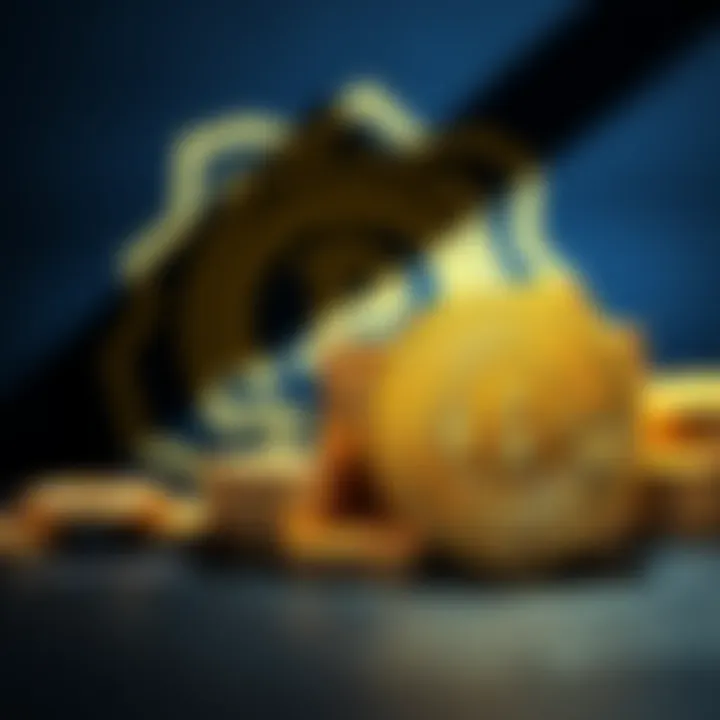 A stack of gold coins representing Bitcoin with a shadowy police badge in the background, symbolizing the missing cryptocurrency from South Korean authorities.