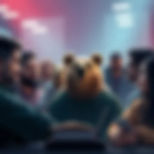 A group of people engaging in a lively debate about the sudden disappearance of bears in the MSTR forum, with some looking confused and others animated.