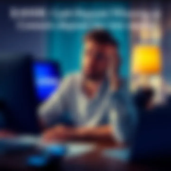 A frustrated person sitting in front of a computer with a Coinbase logo, looking worried about a missing $40,000 deposit, with papers and a phone nearby indicating attempts to resolve the issue