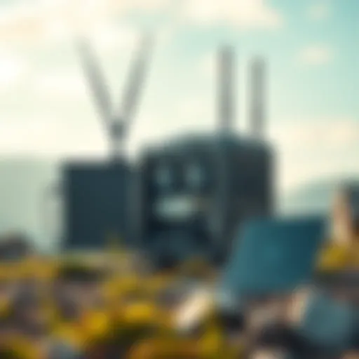 Mobile miner setup A portable mobile miner connected to a 5G router in an outdoor setting, showcasing technology in a natural environment.