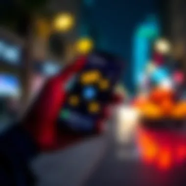 A person holding a smartphone displaying a mobile wallet app interface with digital currency icons.