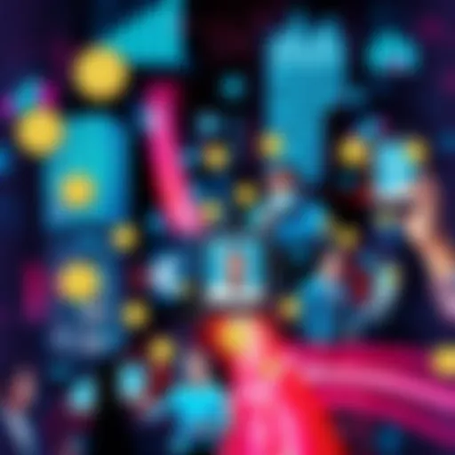 A collage of digital currencies, banking apps, and people making online transactions.