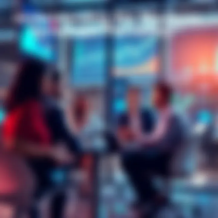 Group of diverse investors discussing strategies in a modern office space with digital displays showing market trends