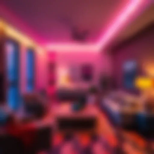 A cozy living room illuminated by colorful ambient lights, showcasing trendy decor elements.