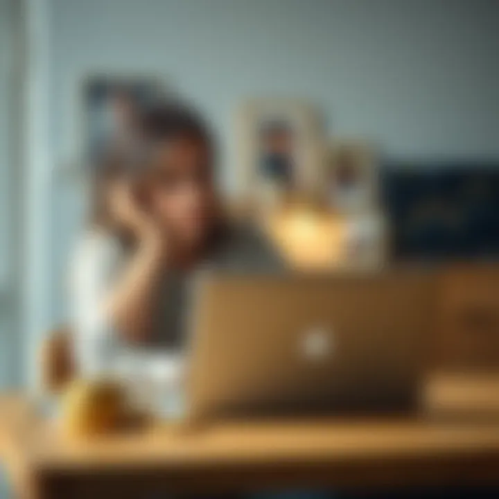 A mother sitting at a table with a laptop, showing concern while looking at cryptocurrency charts, with family photos in the background
