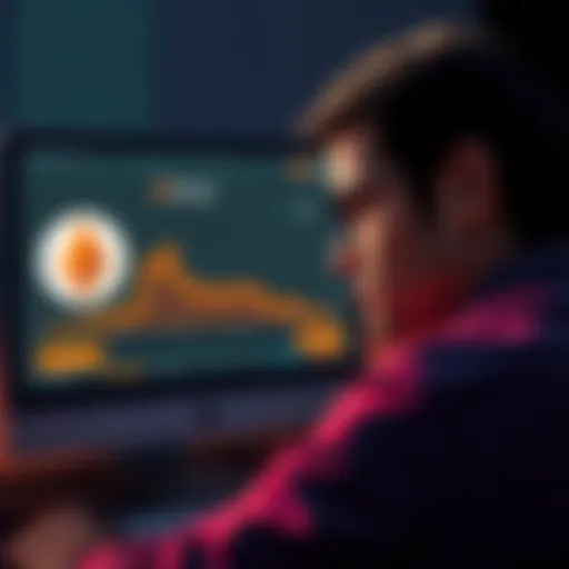 A representation of a person looking worried while staring at a computer screen showing a wallet app with a declining balance and a Monero logo, symbolizing a security issue.
