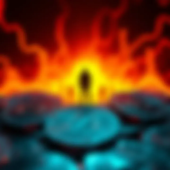 A digital representation of Monero coins with a shadowy figure symbolizing state actors hovering over them, suggesting potential 51% attack risks.