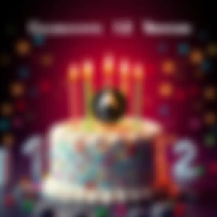 A colorful birthday cake with candles symbolizing Monero's 12th anniversary, surrounded by digital currency icons