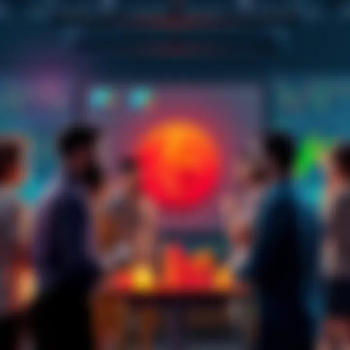 A group of diverse people discussing Monero cryptocurrency in a community setting with charts and graphs in the background.