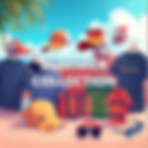 Illustration of various summer gear designs for Monero including hats, t-shirts, and beach accessories.