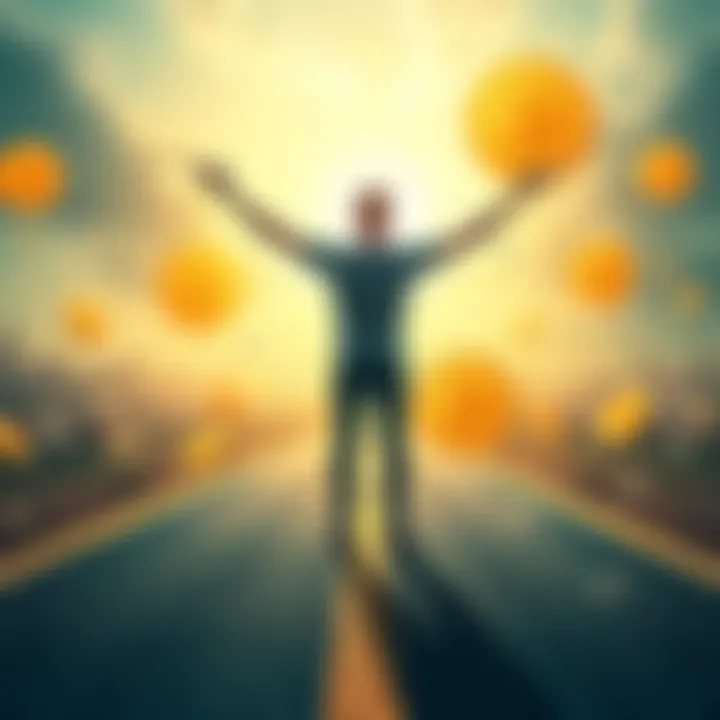 Money and Freedom Concept A person stands at a crossroads, symbolizing the choices between financial wealth and personal freedom, with currency symbols in the background.