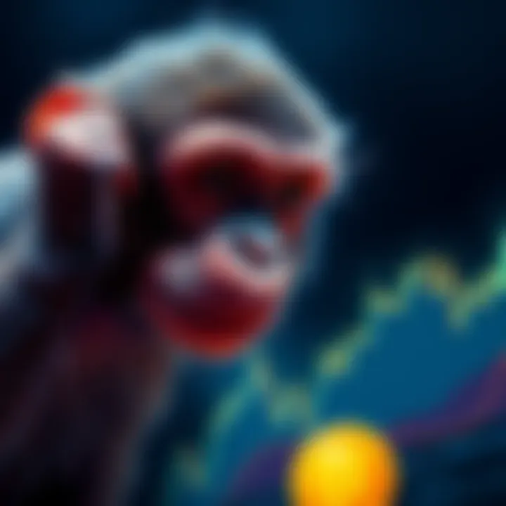 Monkey with confused expression A monkey scratching its head, looking puzzled at a chart showing Bitcoin's price fluctuations, symbolizing the confusion around cryptocurrency.