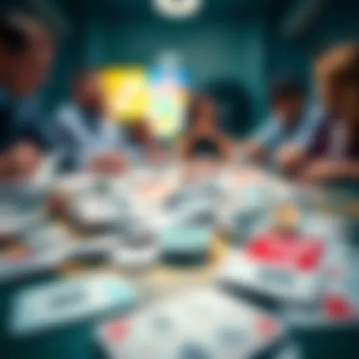 A close-up view of Monopoly Bingo property cards scattered on a table with frustrated players in the background.