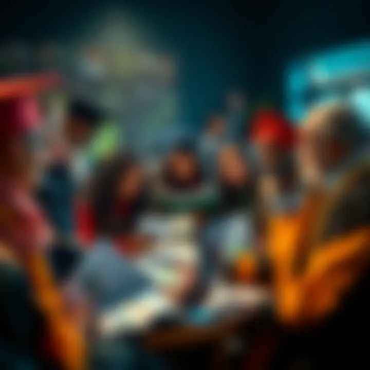 Monthly Earnings of Scholars A group of diverse scholars discussing their monthly earnings with charts and graphs in front of them.