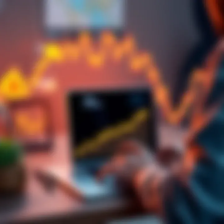A person setting up a monthly investment in Bitcoin on a laptop with a graph showing upward trends in the background.