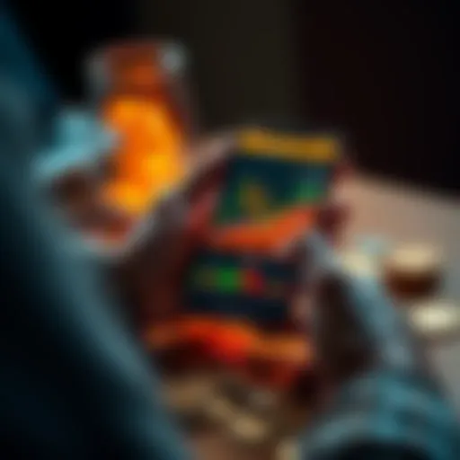 A person holding a smartphone with a Bitcoin graph on the screen, showing an upward trend, while coins are scattered on a table.