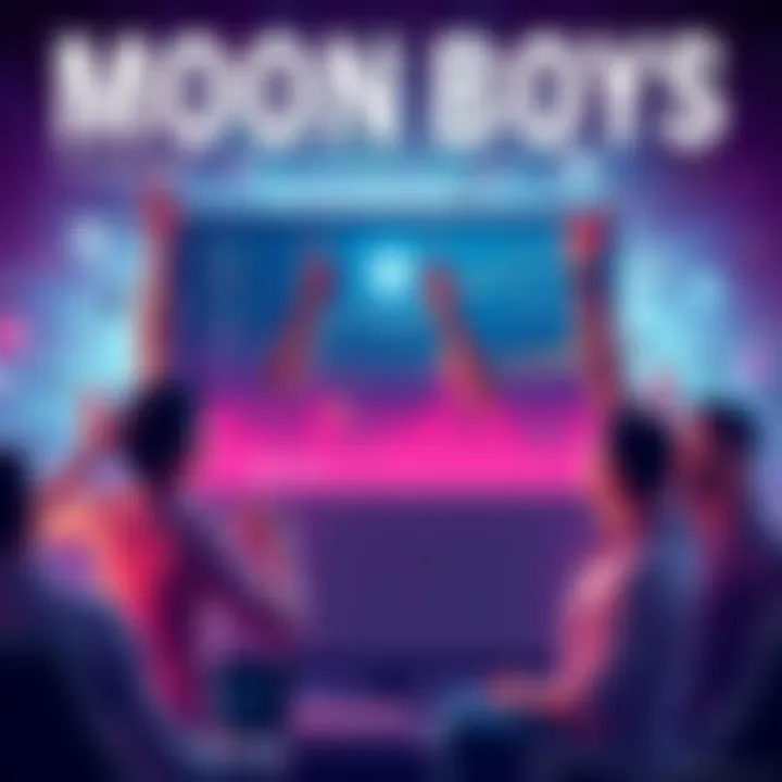 A group of enthusiastic people celebrating around a computer displaying cryptocurrency charts, showing rising trends and excitement in the market.