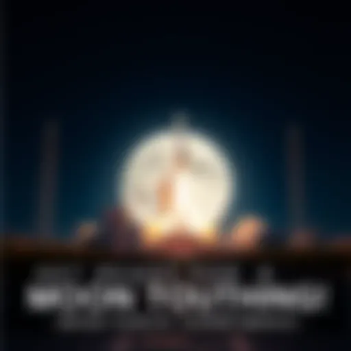 A rocket launching towards the moon with a bright night sky in the background