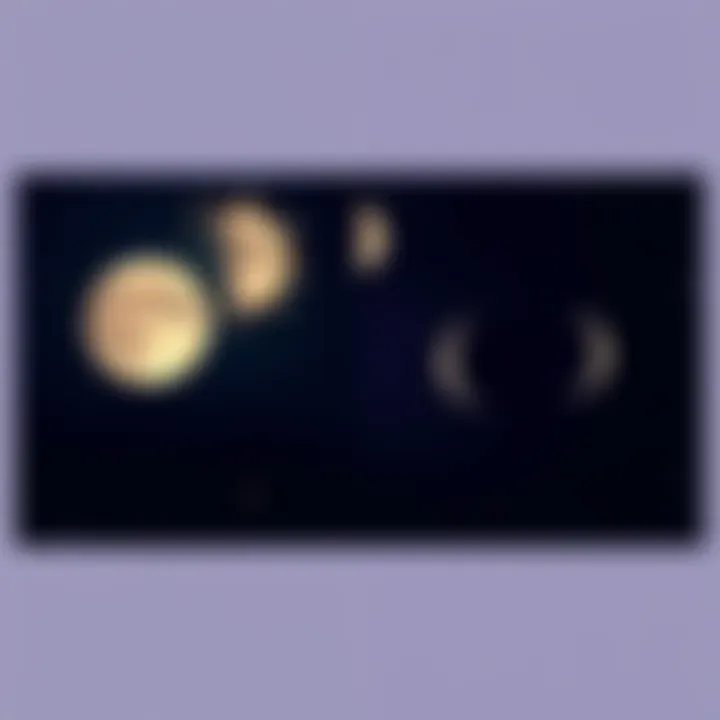 Various phases of the moon showing full, half, and crescent shapes against a starry sky.