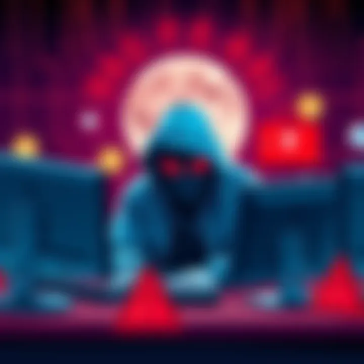 A digital illustration showing a hacker at a computer, with cryptocurrency symbols and a red alert indicating a security breach, representing the Moonwell Protocol hack.