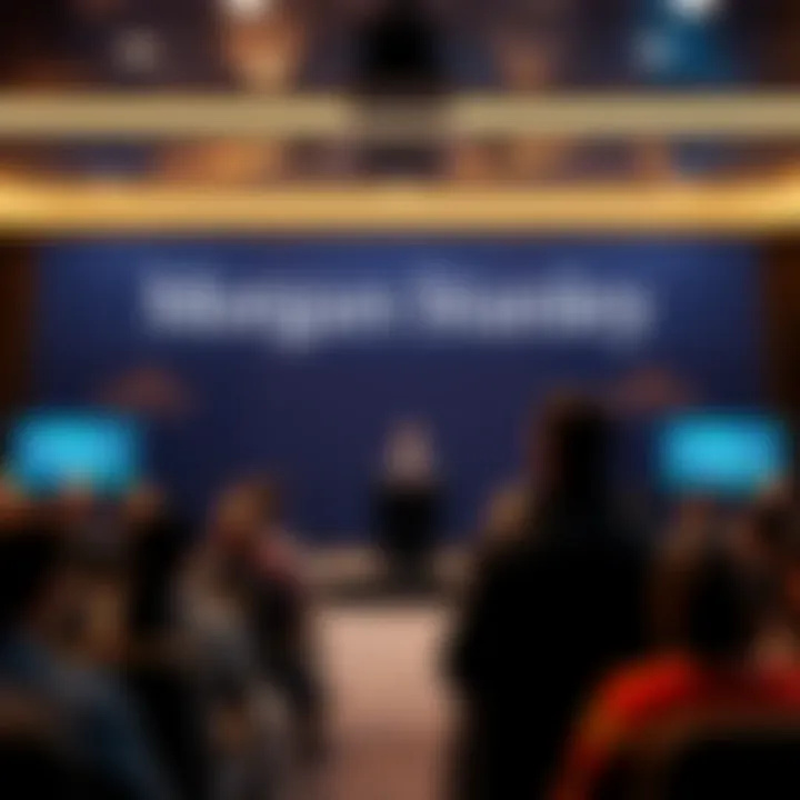 A press conference setting with a Morgan Stanley banner, featuring a new leader addressing the audience about digital asset strategy.
