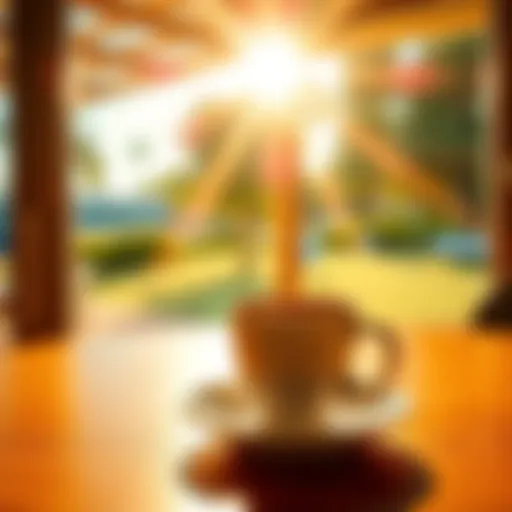 A warm cup of coffee sits on a table by a sunny window, with a bright outdoor view.