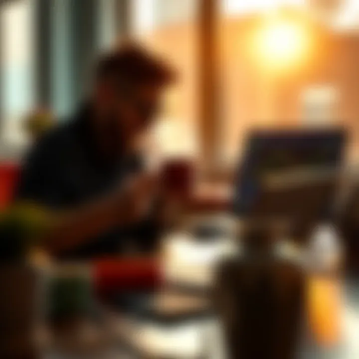 A trader preparing for the day with coffee, charts, and a laptop in a bright setting
