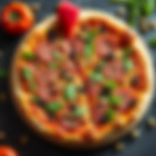 A delicious mortadella and pistachio pizza topped with fresh ingredients, served on a wooden board